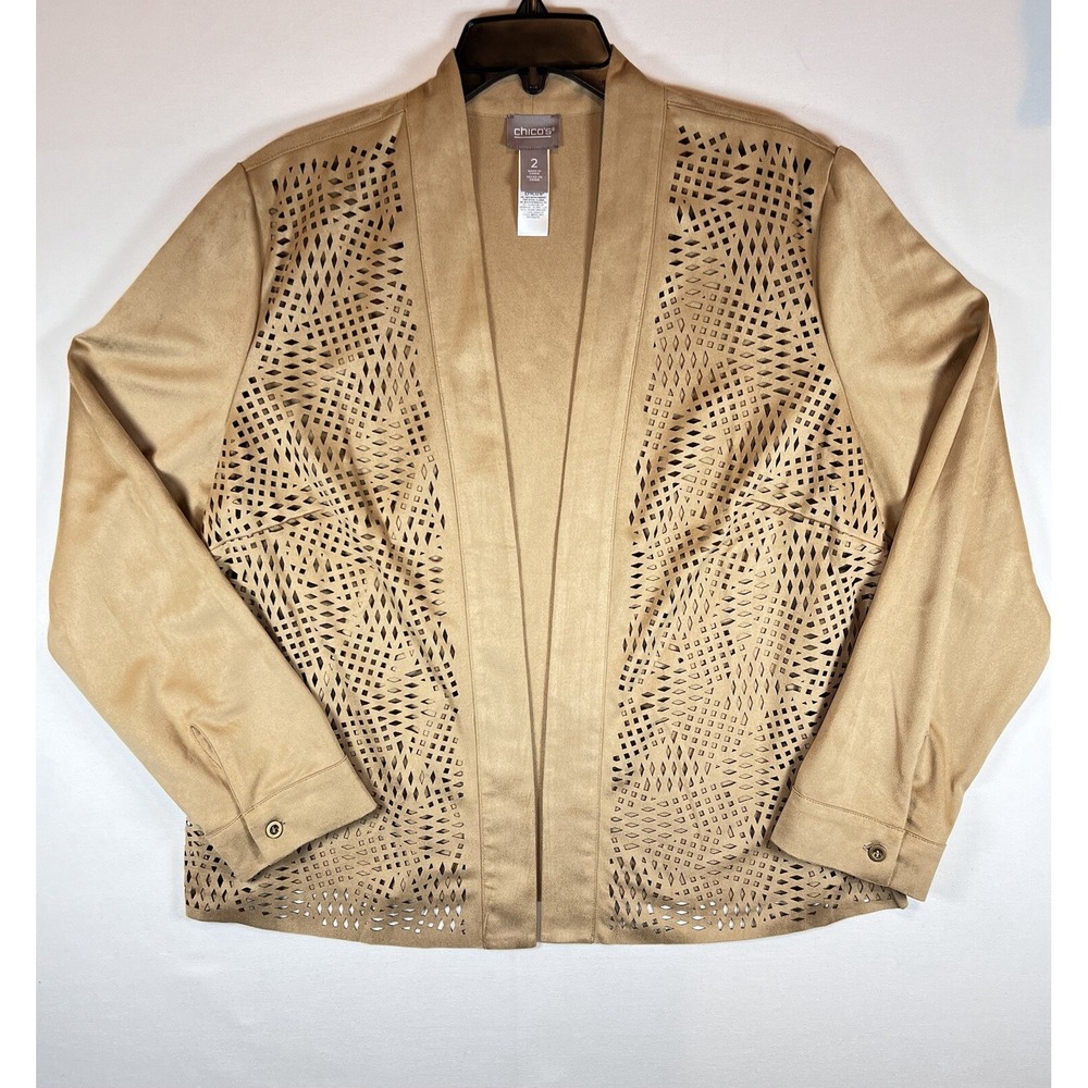 Chicos Faux Suede Laser Cut Open Front Cardigan Jacket Size 2 (US 12) Large